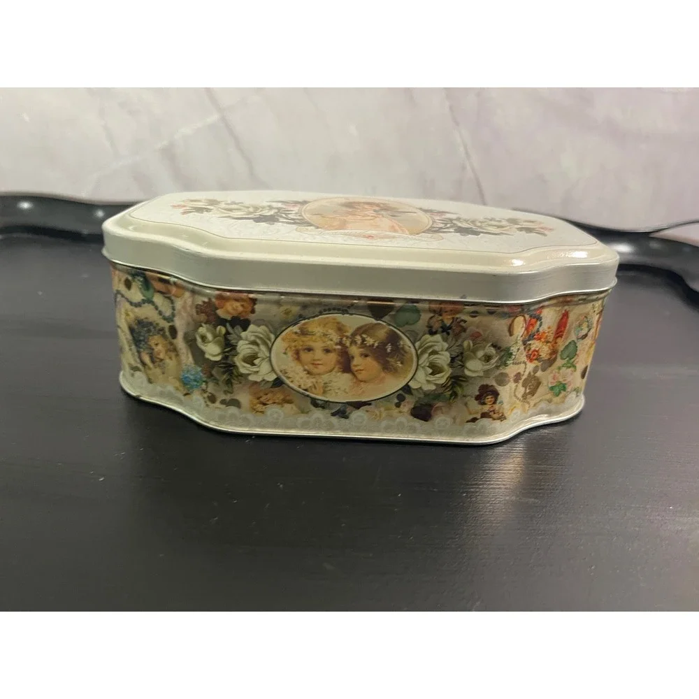 Vintage Style Treasured Traditions Victorian Girl Floral Scalloped Metal Tin